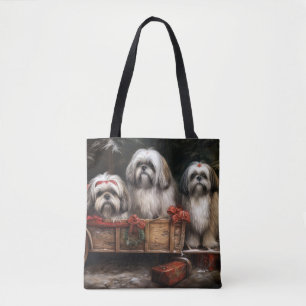 Lhasa Apso Snowy Sleigh Christmas Decor Tote Bag
