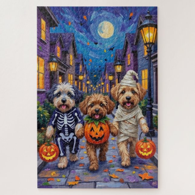 Lhasa Apso Trick-or-Treating In Halloween Costumes Jigsaw Puzzle (Vertical)