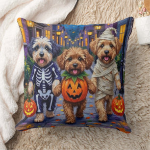 Lhasa Apso Trick-or-Treating In Halloween Costumes Throw Pillow
