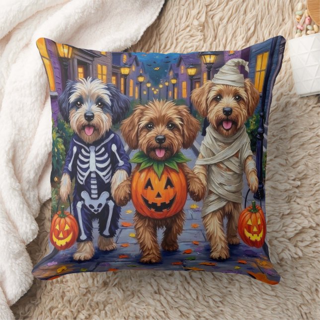 Lhasa Apso Trick-or-Treating In Halloween Costumes Throw Pillow (Blanket)