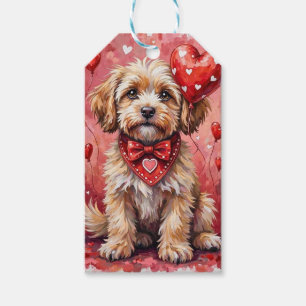 Lhasa Apso Valentine Dog Sitting with Hearts Red Gift Tags