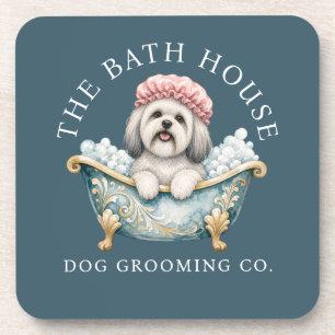 Lhasa Apso White Dog Grooming Coasters - Teal