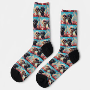 Lhasa Apso with Heart Roses Valentine's Day Socks