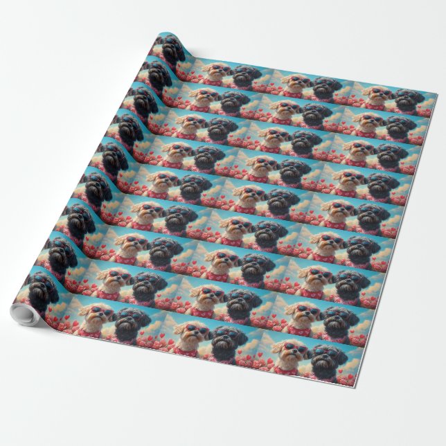 Lhasa Apso with Heart Roses Valentine's Day Wrapping Paper (Unrolled)