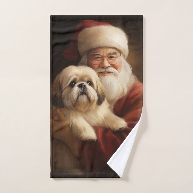 Lhasa Apso With Santa Claus Festive Christmas  Bath Towel Set (Hand Towel)