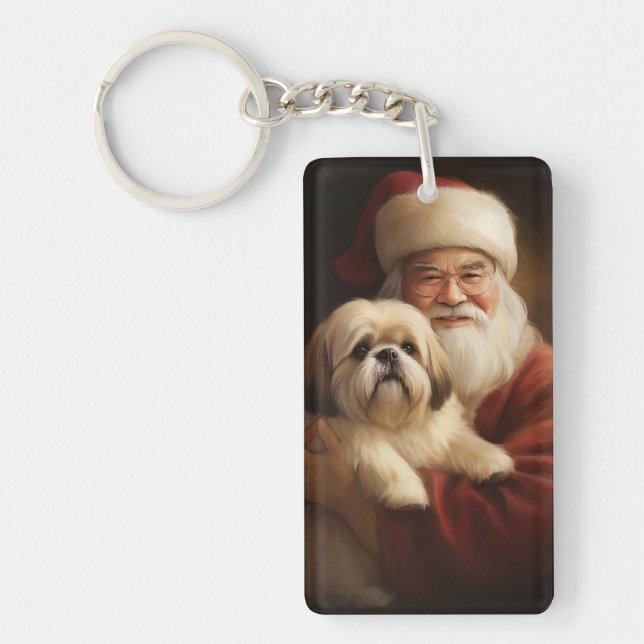 Lhasa Apso With Santa Claus Festive Christmas  Keychain (Front)
