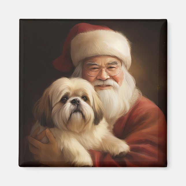 Lhasa Apso With Santa Claus Festive Christmas  Magnet (Front)