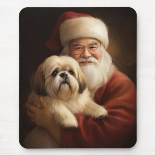 Lhasa Apso With Santa Claus Festive Christmas Mouse Pad