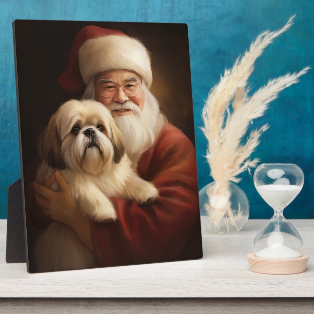 Lhasa Apso With Santa Claus Festive Christmas  Plaque (Side)