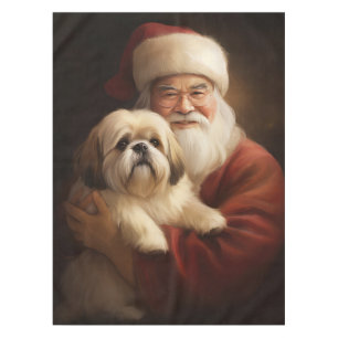 Lhasa Apso With Santa Claus Festive Christmas Tablecloth