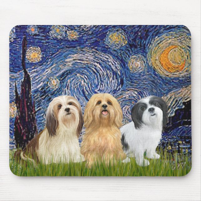 Lhasa Apsos (three) - Starry Night Mouse Pad (Front)