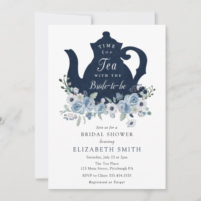 L'heure du thé bleu nuptiale douche Invitation (Devant)