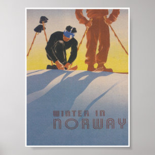 L'hiver en Norvège Affiche de voyage en ski Vintag