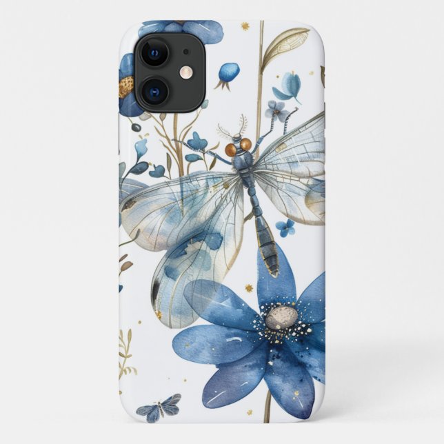 Libellule bleue et fleurs coque iPhone  (Dos)