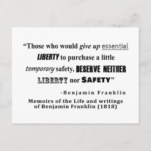 Liberty and Security Benjamin Franklin Quote Postcard