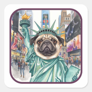 Liberty Statue–Inspired Pug Art   Iconic Freedom  Square Sticker