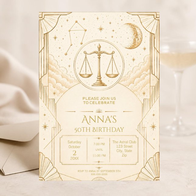 Libra 50th Birthday Invitation | Elegant Gold (Elegant Libra 50th birthday invitation with luxurious gold and cream Art Deco celestial design.)