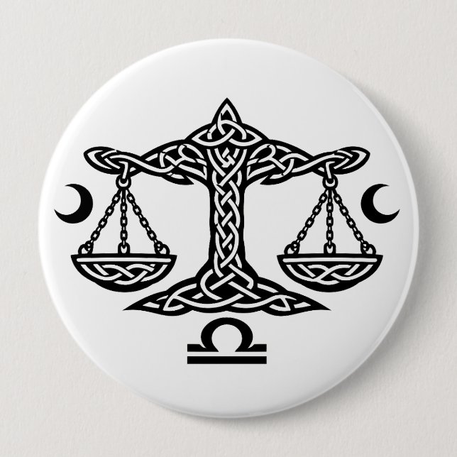 Libra Celtic Moon‑Scale Sigil | BurnsInHell Ink 4 Inch Round Button (Front)