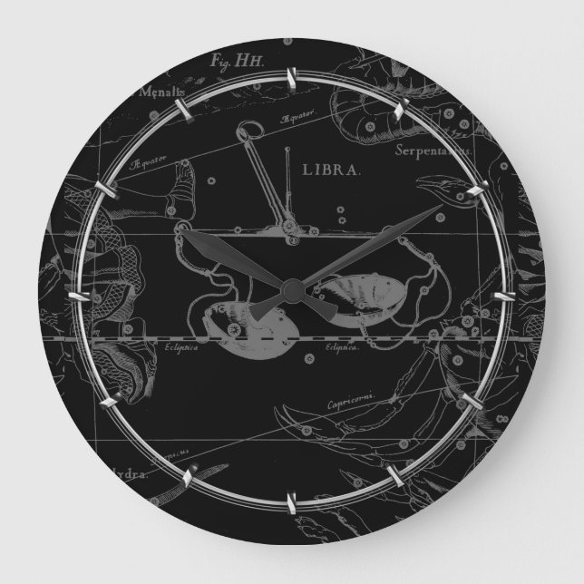 Libra Constellation Hevelius 1690 Map on Black Large Clock (Front)