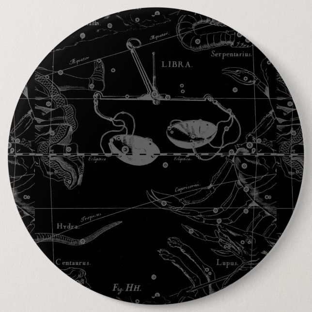 Libra Constellation Map Hevelius 1690 on Black 6 Inch Round Button (Front)