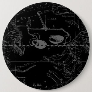Libra Constellation Map Hevelius 1690 on Black 6 Inch Round Button