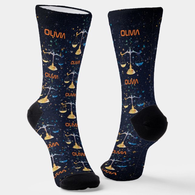 Libra Constellation Zodiac Watercolor Stars Galaxy Socks (Angled)
