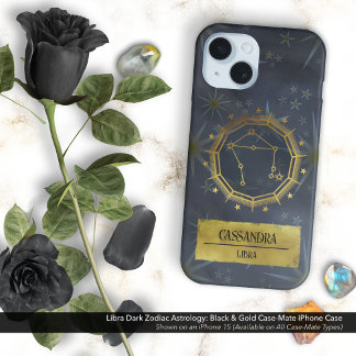 Libra Dark Zodiac Astrology: Black & Gold iPhone 16 Case