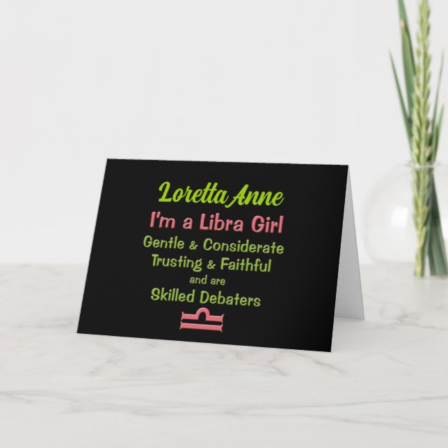 Libra Girl Pink Green and Black Blank Note Card (Front)