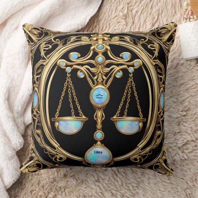 Libra Scales, Opal and Gold Personalized Zodiac  Throw Pillow (Blanket)