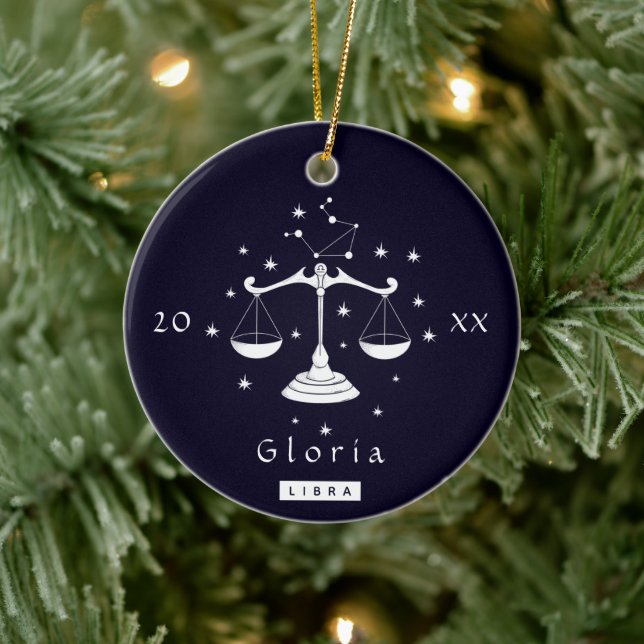 Libra Scales Zodiac Birthday Star Sign Name & Year Ceramic Ornament (Tree)