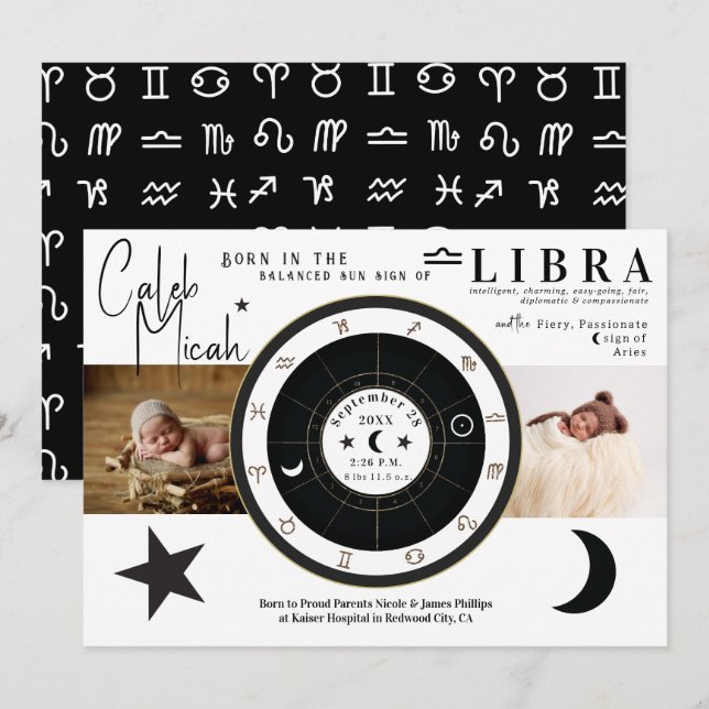 Libra Sun & Moon Sign Zodiac Birth Announcement (Front/Back)