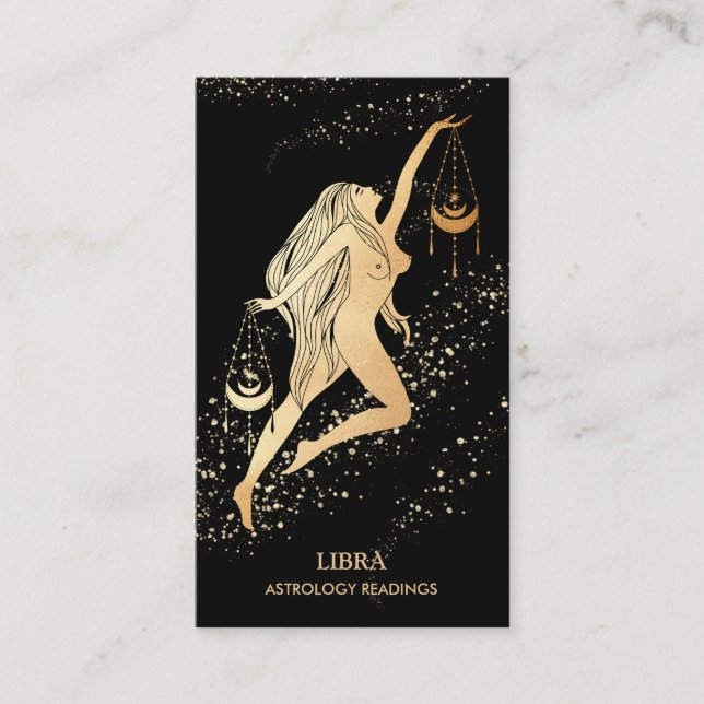 *~* LIBRA Zodiac Astrology Reading Gold  Black Business Card (Front)