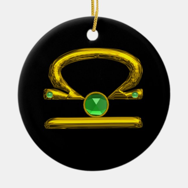 LIBRA ZODIAC BIRTHDAY JEWEL GREEN EMERALD Gold Ceramic Ornament (Front)
