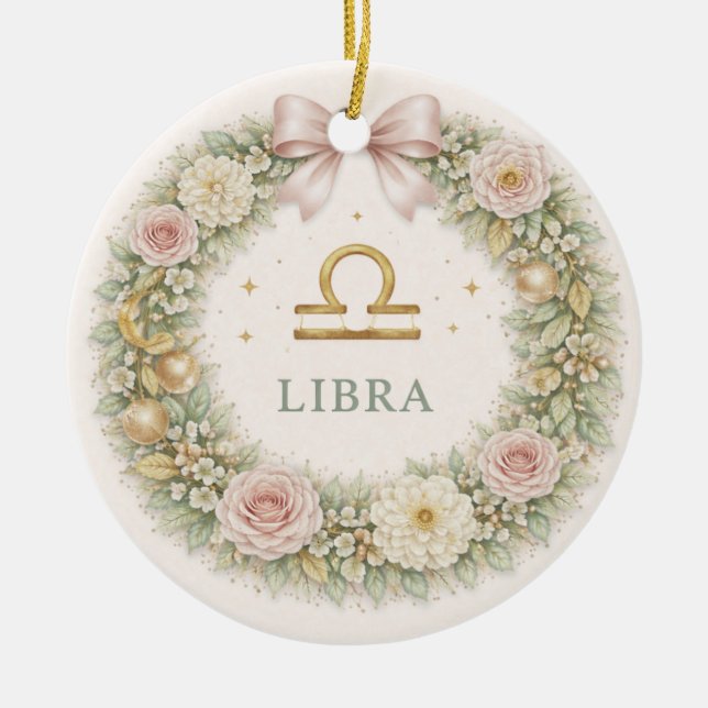 Libra Zodiac Christmas Ornament – Blush Floral Wre (Front)