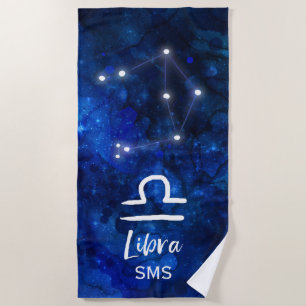 Libra Zodiac Constellation Blue Galaxy Monogram Beach Towel