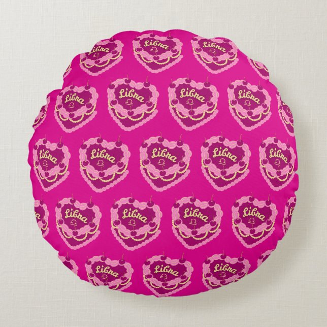 Libra Zodiac Coquette Heart Birthday Cake Round Pillow (Front)