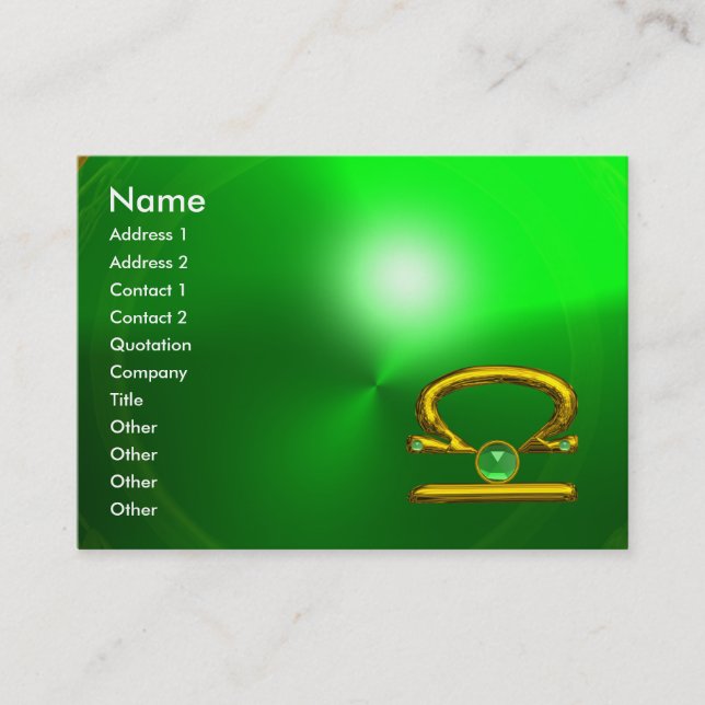 LIBRA  ZODIAC JEWEL Green Emerald & Gold Business Card (Front)
