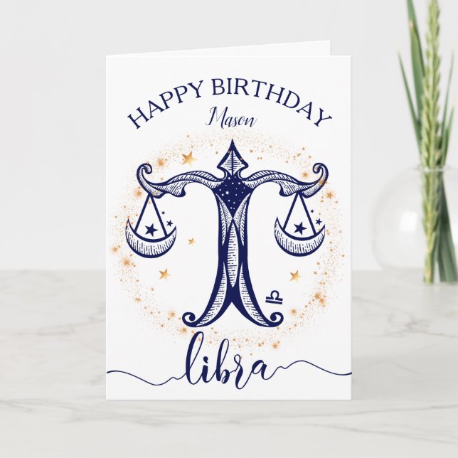 Libra Zodiac Navy & Gold Monochrome Birthday Card (Front)