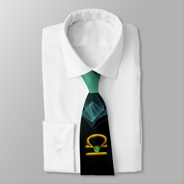 LIBRA ZODIAC SIGN ,BLUE GREEN FRACTAL SWIRLS TIE (Tied)