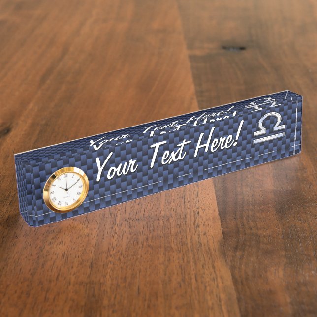 Libra Zodiac Sign on Blue Carbon Fibre Style Nameplate (Side)