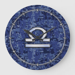 Libra Zodiac Sign on Blue Digital Camouflage Large Clock