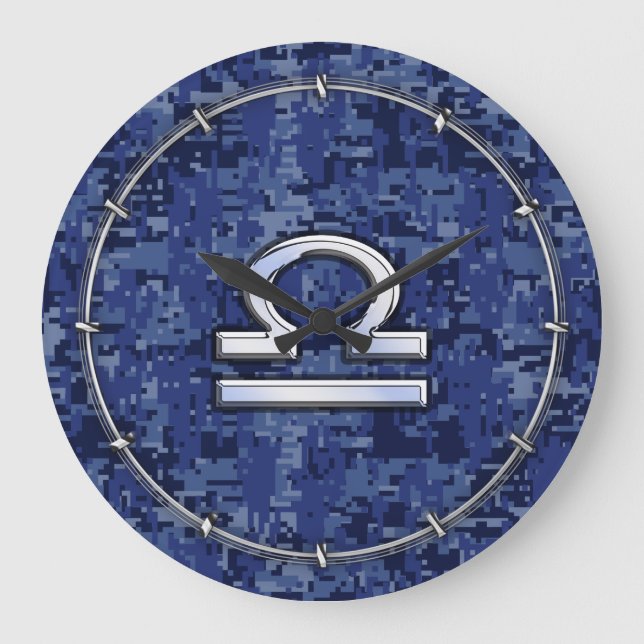 Libra Zodiac Sign on Blue Digital Camouflage Large Clock (Front)