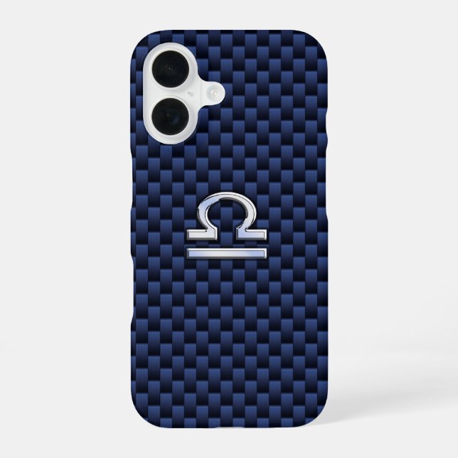 Libra Zodiac Sign on Navy Blue Carbon Fibre iPhone 16 Case (Back)
