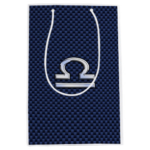 Libra Zodiac Sign on Navy Carbon Fibre Style Medium Gift Bag