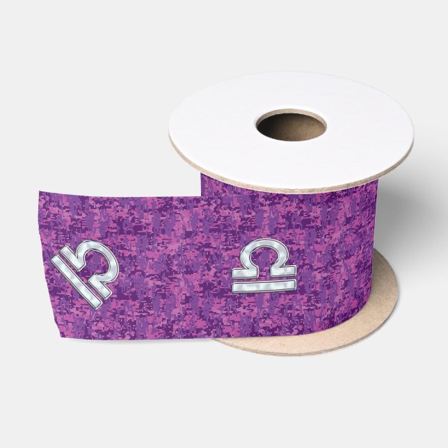Libra Zodiac Sign on Pink Digital Camo Satin Ribbon (Spool)