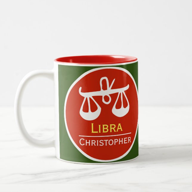 Libra Zodiac Star Sign with Owner's Name Two-Tone Coffee Mug (Left)