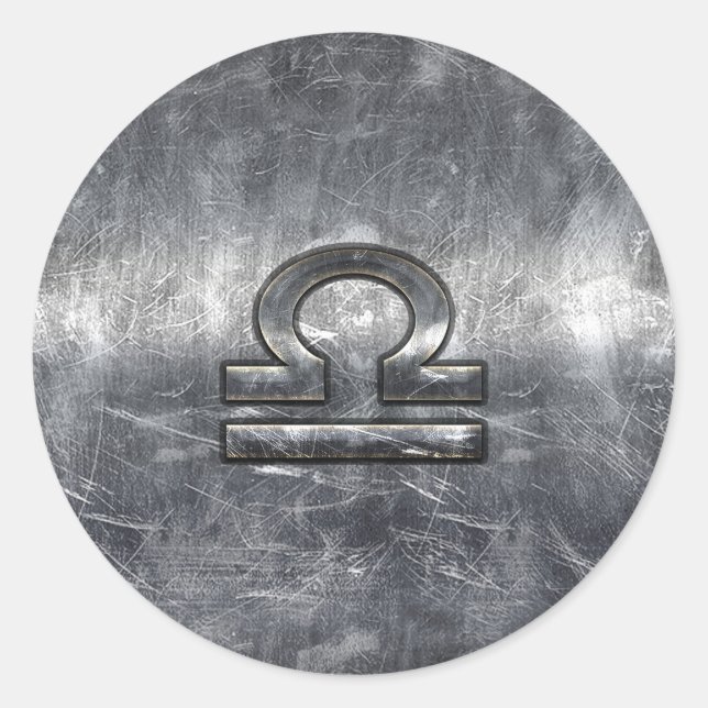 Libra Zodiac Symbol in silver grunge steel style Classic Round Sticker (Front)