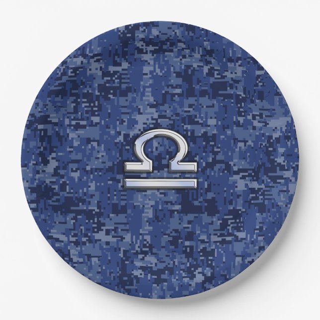 Libra Zodiac Symbol on Blue Digital Camo Paper Plate (Front)