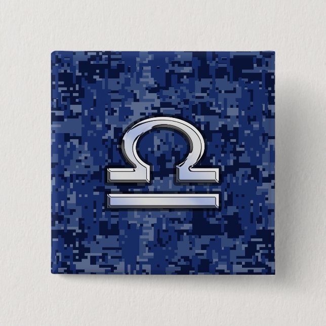 Libra Zodiac Symbol on Blue Digital Camouflage 2 Inch Square Button (Front)