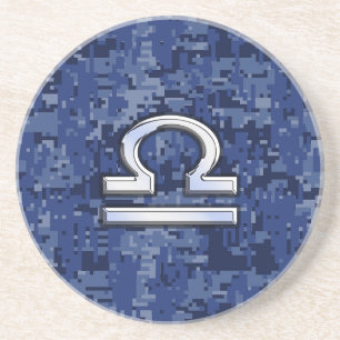 Libra Zodiac Symbol on Blue Digital Camouflage Coaster